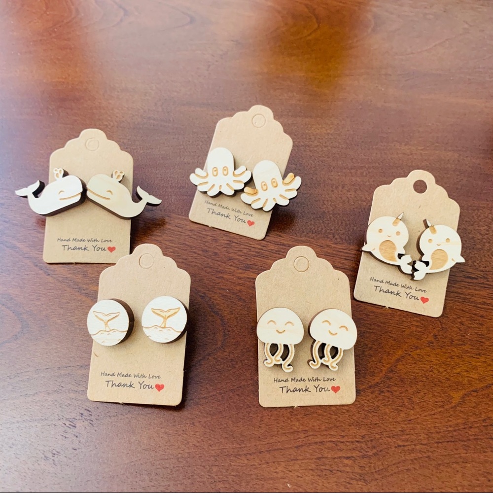 5 pairs of wooden Laser Cut Cute tiny earrings
